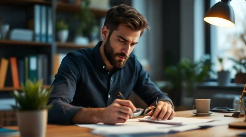 Mann am Schreibtisch berechnet Foerderung fuer Weiterbildung in NRW