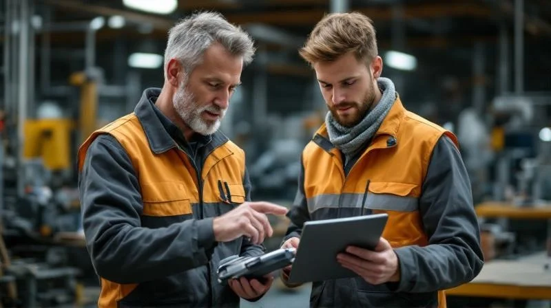 Ausbilder in einem Herneer Industriebetrieb beim Anleiten einer Auszubildenden an einer Werkbank