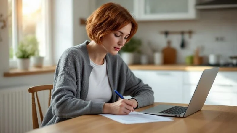 Frau fuellt Formulare am Kuechentisch in Herne aus, Laptop daneben