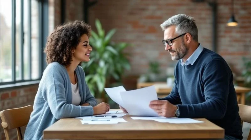 Zwei Personen besprechen Unterlagen in einem modernen Buero im Ruhrgebiet