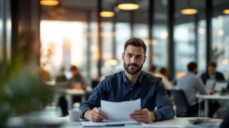 Mann im Gespraech mit Kollegen in einem modernen Buero in Herne