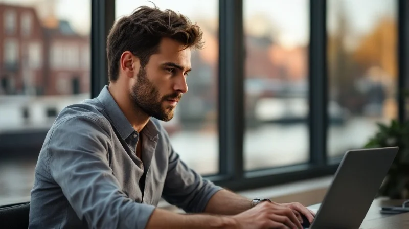 Herner Angestellter im Büro mit Laptop, im Hintergrund Industriekulisse und Kanal