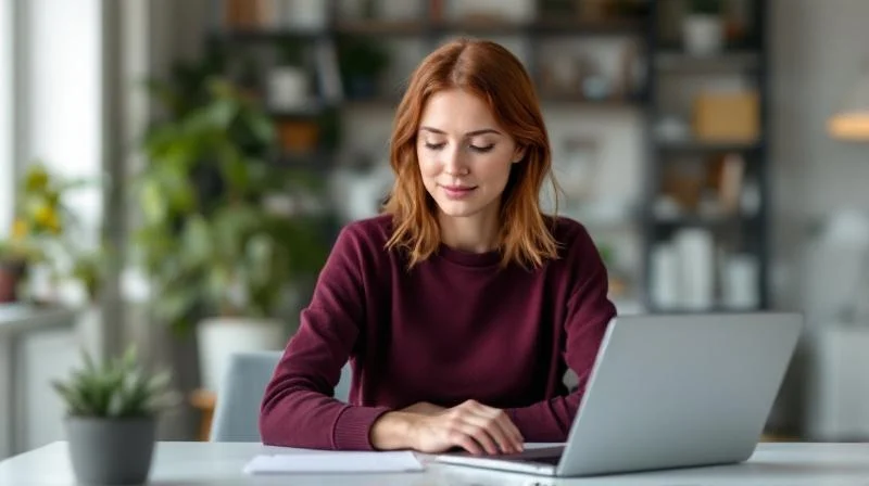 Frau mit Laptop in modernem Buero in Herne lernt KI-Weiterbildung online