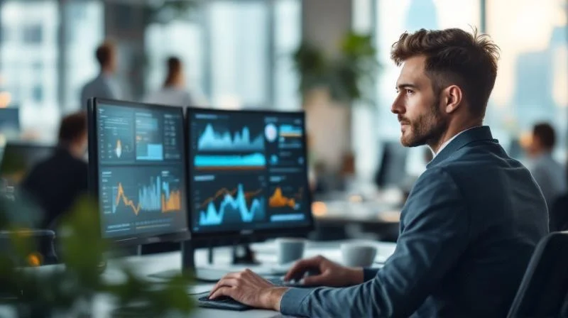 Quereinsteiger in einem Herneer Unternehmen am Arbeitsplatz, arbeitet konzentriert an Dashboards und KI-Tools