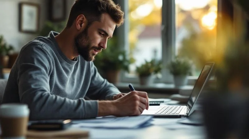 Herneer Beschäftigter am Schreibtisch zu Hause mit Steuerunterlagen, Laptop und Taschenrechner