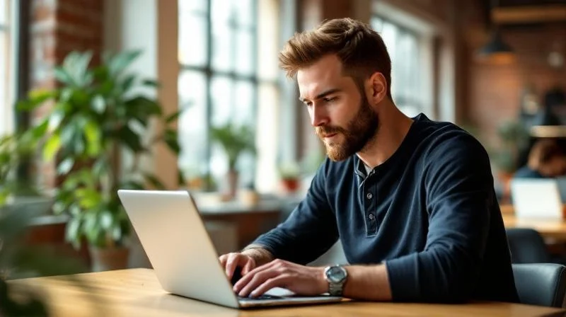 Mann arbeitet konzentriert am Laptop in einem modernen Coworking-Space im Ruhrgebiet