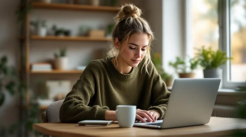 Frau lernt am Laptop in einem hellen Wohnzimmer in Herne