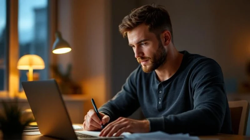 Mann lernt abends am Schreibtisch in einer Wohnung im Ruhrgebiet